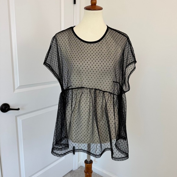 Zara Tops - Zara Womens Black Sheer Mesh Polka Dot Top Small Short Sleeve Relaxed